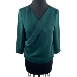 SOLAR Green Satin Faux Wrap Blouse Top 3/4 Sleeve Surplice Neck Size 34 /2